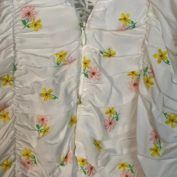For Love & Lemons Celia Floral Embroidered Shirred Lace-Up Mini Dress XS - Picture 10 of 14
